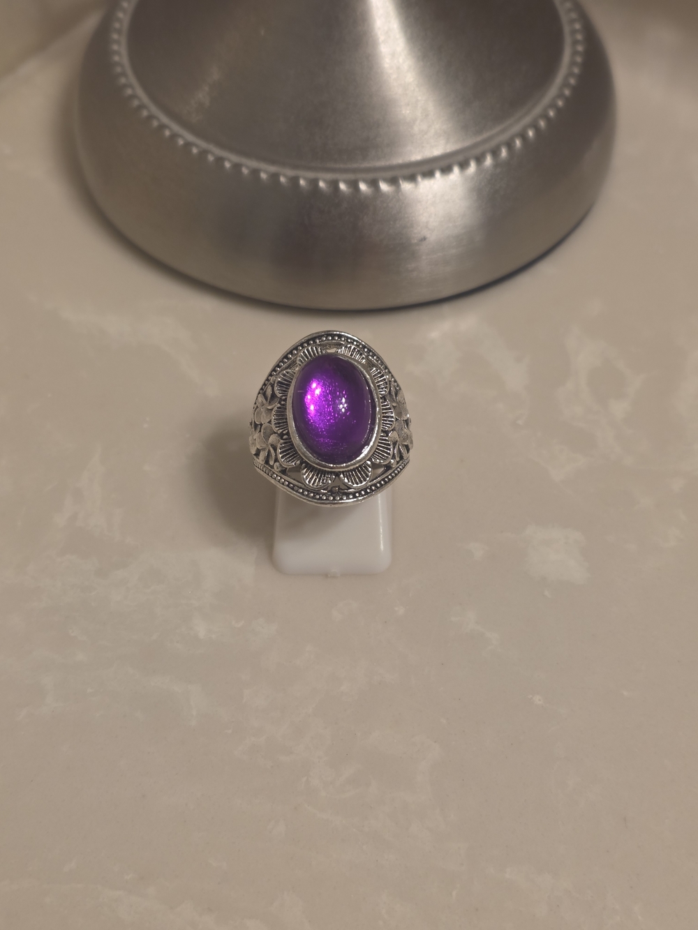 Silver Filigree Ring with Purple Cabochon Size 7